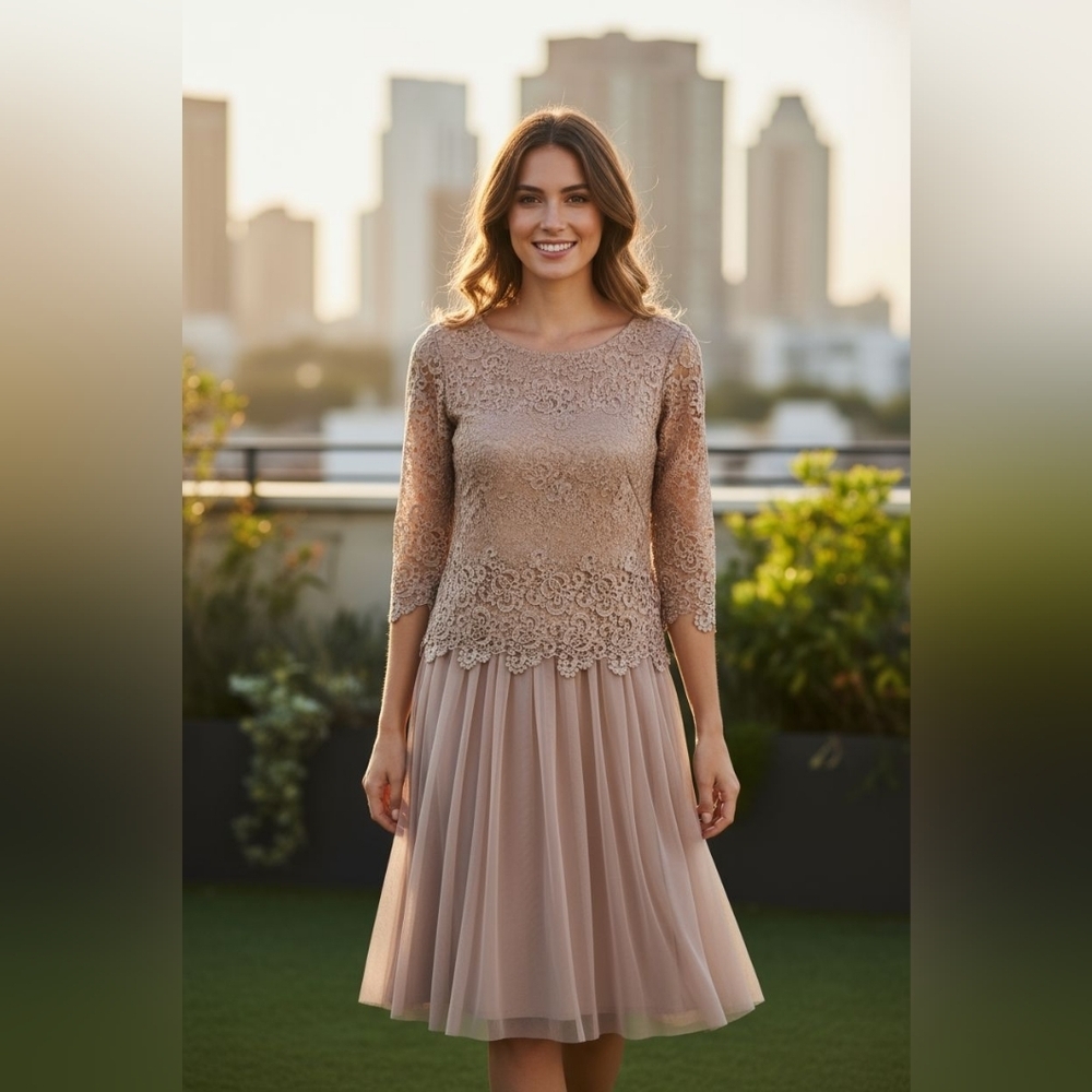 Alex Evening dusty rose pink tulle gold lace mother of Bride midi dress sz 8